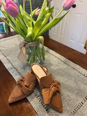 KOKO + PALENKI Tan Suede Bow Pointed-Toe Mule